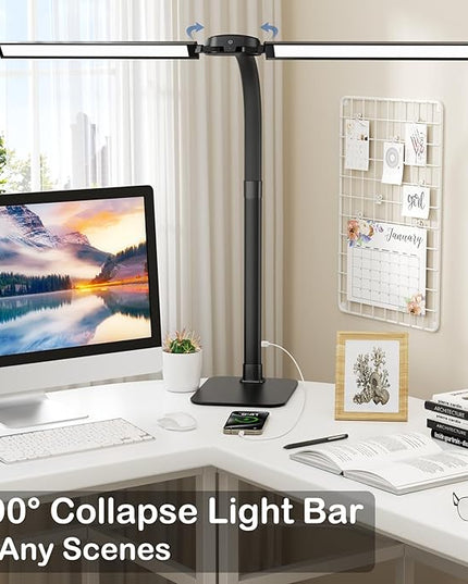 Desk Lamp with USB Charging Port for Home Office 24w Architect Remote Base Dual Task Led Light Modern 5 Color Modes Dimmable Adjustable Gooseneck Double Head Reading Drafting Eye Caring Tall Lamps - LeafyLoom