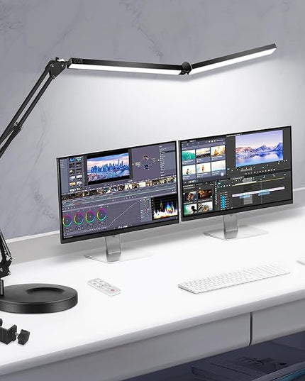 LED Desk Lamps for Home Office 2 in 1 Large Double Head Desk Lamp with Clamp & Base, Remote Control, Dimmable Architect Clip on Desktop Light Bar with Memory for Working, Crafting, Studying - LeafyLoom