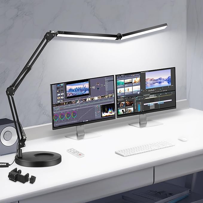 LED Desk Lamps for Home Office 2 in 1 Large Double Head Desk Lamp with Clamp & Base, Remote Control, Dimmable Architect Clip on Desktop Light Bar with Memory for Working, Crafting, Studying - LeafyLoom