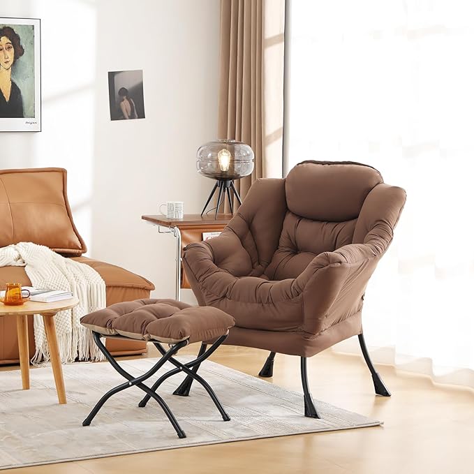 Cozy Lazy Chair and Ottoman, Large Contemporary Accent Lounge Chair Set, Leisure Upholstered Reading Armchair for Bedroom, Living Room, Dorm Rooms, Office - LeafyLoom
