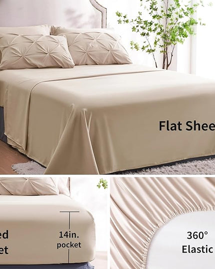 Ubauba 7pc Beige King Size Comforter Set with Sheets, 7 Piece Pintuck Bed in a Bag Ivory Bed Set with Comforter, Off White Bedding Comforters & Sets (Cream, King) - LeafyLoom