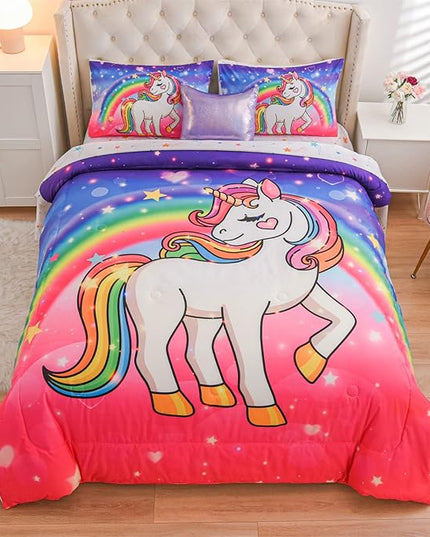 Aimuan Girls Unicorn Comforter Set 6 Pieces Pink Purple Bedding Set with Rainbow Star Galaxy Stars Fantasy Children Room Decor Soft Reversible Bed Sets for Boys/Girls/Teens (Pink-purple Full6Pcs) - LeafyLoom