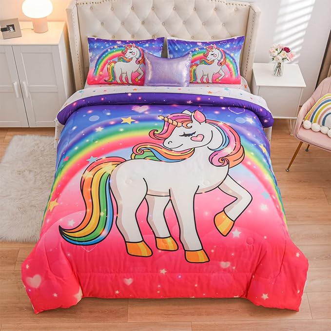 Aimuan Girls Unicorn Comforter Set 6 Pieces Pink Purple Bedding Set with Rainbow Star Galaxy Stars Fantasy Children Room Decor Soft Reversible Bed Sets for Boys/Girls/Teens (Pink-purple Full6Pcs) - LeafyLoom