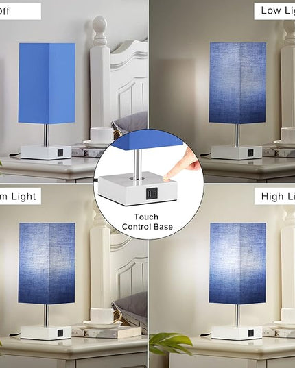 Ambimall Blue Table Lamp with USB Ports - 3 Way Touch Lamps Beside Desk, Nightstand Lamp for Bedrooms Living Room, Blue Shade with White Base, LED Bulb Included(Blue) - LeafyLoom