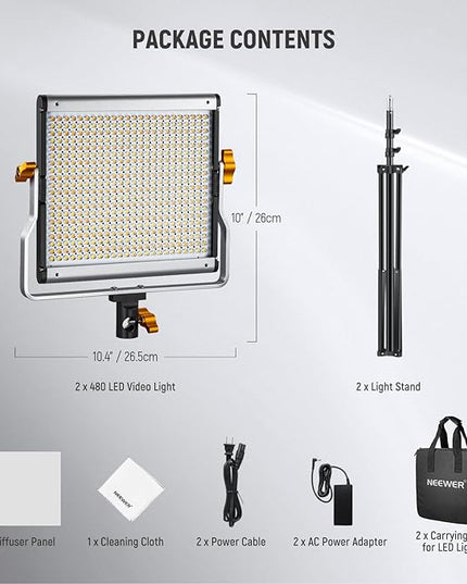 NEEWER 2 Pack Bi Color Dimmable 480 LED Video Light and Stand Kit, 28W 3200K-5600K CRI 96+ LED Panel with U Bracket, 75" Light Stand, Cleaning Cloth, Bag for YouTube Video Recording Studio Photography Neewer