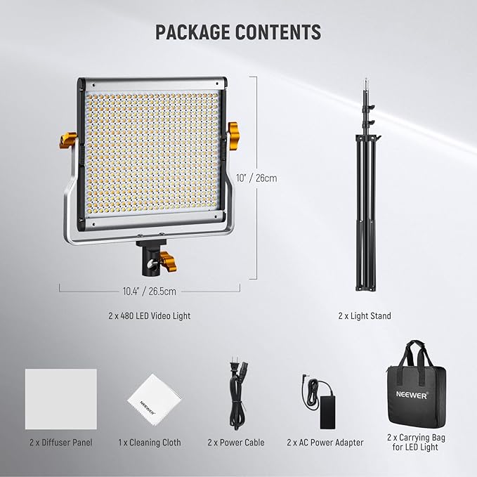 NEEWER 2 Pack Bi Color Dimmable 480 LED Video Light and Stand Kit, 28W 3200K-5600K CRI 96+ LED Panel with U Bracket, 75" Light Stand, Cleaning Cloth, Bag for YouTube Video Recording Studio Photography Neewer