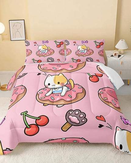 Kawaii Cat Comforter Full Size,Doughnut Cherry Cat Comforter Set for Kids Teens Girls,3Pcs Bedding Set Printed Comforter with 2 Pillowcases,Soft and Lightweight(Pink，Full Size) - LeafyLoom
