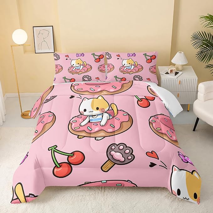 Kawaii Cat Comforter King Size,Doughnut Cherry Cat Comforter Set for Kids Teens Girls,3Pcs Bedding Set Printed Comforter with 2 Pillowcases,Soft and Lightweight(Pink，King Size) - LeafyLoom
