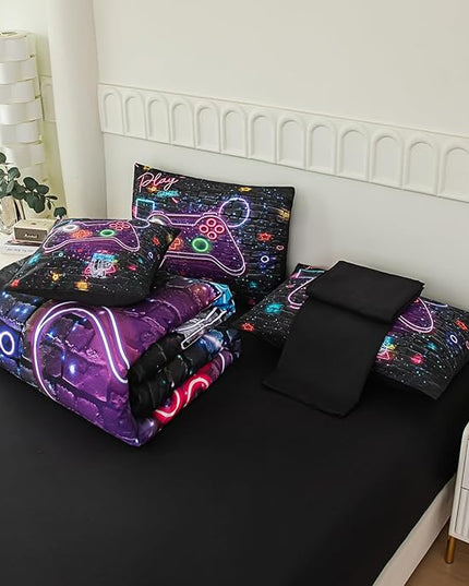 NINENINE Gaming Bedding Sets for Boys,6PCS Queen Size for Boys,Gamer Comforter Kids Teens Bedding Comforter Sheet Set(1Comforter,1Flat Sheet,1Fitted Sheet,1Cushion Cover,2Pillowcases)… - LeafyLoom