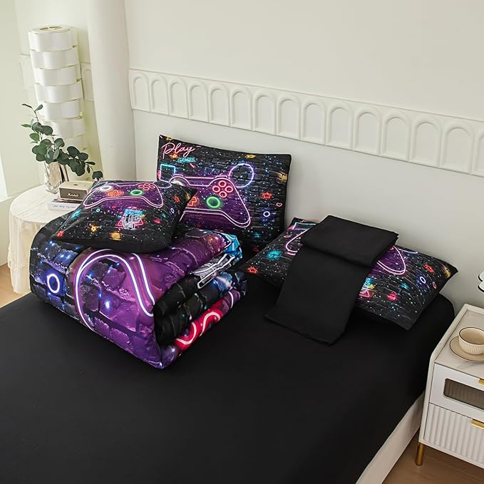 NINENINE Gaming Comforter Gamer Bedding Sets for Boys,6PCS Full Size Bedding Sets for Boys,Bed in A Bag Gamer Comforter Sets(1Comforter,1Flat Sheet,1Fitted Sheet,1Cushion Cover,2Pillowcases)… - LeafyLoom