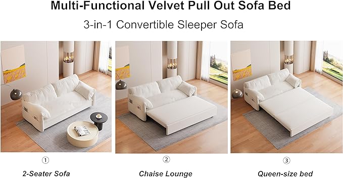 Oversized 3 in 1 Loveseat Sleeper Sofa Bed,Queen Size Love Seats W/Pull Out Couch and Padded Armrests Convertible Spacious Sofabed with Side Storage Pocket for Home Office Apartment Living Room - LeafyLoom