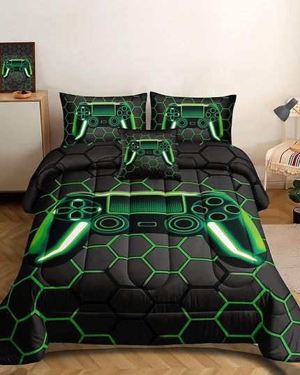 5 Pieces Gaming Bedding Set for Boys Gamer Comforter Set Twin Size,Video Game Comforter for Kids Teen 3D Gaming Geometric Microfiber Bedding Sets 5 Pieces Bed in A Bag Sets H50021,Twin - LeafyLoom