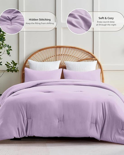 CozyLux Lavender Purple Comforter Set Queen Size, 3 Pieces Solid Breathable Quilted Boho Style Bedding Sets, Luxury Fluffy Soft Microfiber Comforter for All Season(1 Comforter & 2 Pillowcases) - LeafyLoom