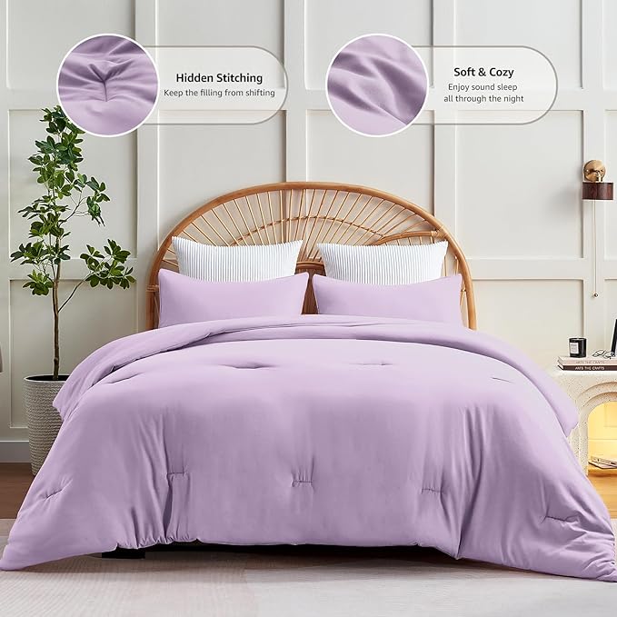 CozyLux Lavender Purple Comforter Set Queen Size, 3 Pieces Solid Breathable Quilted Boho Style Bedding Sets, Luxury Fluffy Soft Microfiber Comforter for All Season(1 Comforter & 2 Pillowcases) - LeafyLoom