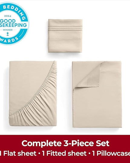 Mellanni Extra Deep Twin Sheets - 3 PC Iconic Collection Bedding Sheets & Pillowcases - Hotel Luxury, Ultra Soft, Cooling Bed Sheets - Extra Deep Pocket up to 21 inch (Twin, Burnt Sand) - LeafyLoom