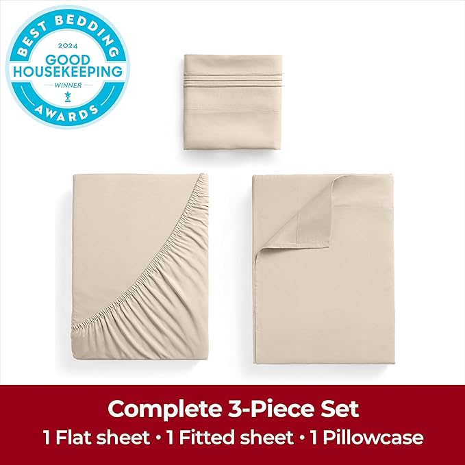 Mellanni Extra Deep Twin Sheets - 3 PC Iconic Collection Bedding Sheets & Pillowcases - Hotel Luxury, Ultra Soft, Cooling Bed Sheets - Extra Deep Pocket up to 21 inch (Twin, Burnt Sand) - LeafyLoom
