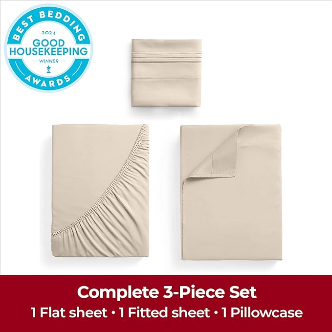 Mellanni Twin Sheets Set - 3 PC Iconic Collection Bedding Sheets & Pillowcases - Hotel Luxury, Extra Soft, Cooling Bed Sheets - Deep Pocket up to 16 inch (Twin, Burnt Sand) - LeafyLoom