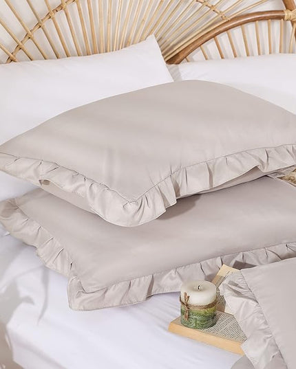 JANZAA King Size Ruffled Comforter Set Soft Vintage Farmhouse Bed Set Shabby Fluffy 3PCS Bedding (1 Oatmeal Comforter Set and 2 Pillowcases) - LeafyLoom