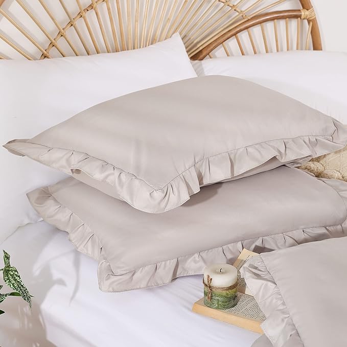 JANZAA King Size Ruffled Comforter Set Soft Vintage Farmhouse Bed Set Shabby Fluffy 3PCS Bedding (1 Oatmeal Comforter Set and 2 Pillowcases) - LeafyLoom