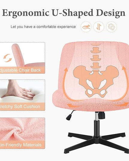 Sweetcrispy Criss Cross Chair Legged, Armless Office Desk Chair No Wheels, Swivel Vanity Chair, Height Adjustable Wide Seat Computer Task Chair, Fabric Vanity Modern Home Chair Pink - LeafyLoom