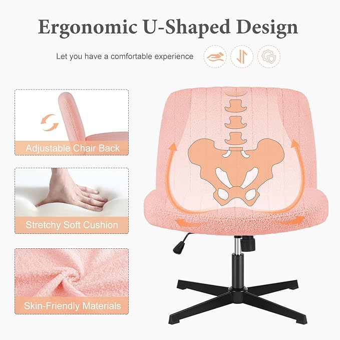 Sweetcrispy Criss Cross Chair Legged, Armless Office Desk Chair No Wheels, Swivel Vanity Chair, Height Adjustable Wide Seat Computer Task Chair, Fabric Vanity Modern Home Chair Pink - LeafyLoom