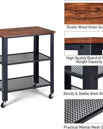 Kitchen Cart, Industrial Microwave Cart, 3-Tier Rolling Utility Cart on Wheels with Metal Frame Wooden Table and Two Grid Storage Shelves for Kitchen and Living Room, Bedroom (Brown) - LeafyLoom