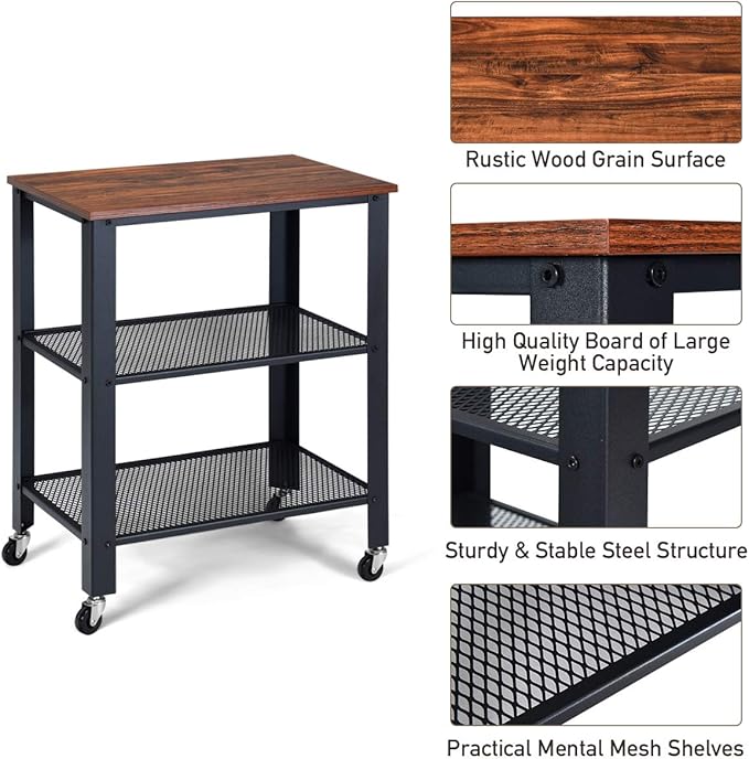 Kitchen Cart, Industrial Microwave Cart, 3-Tier Rolling Utility Cart on Wheels with Metal Frame Wooden Table and Two Grid Storage Shelves for Kitchen and Living Room, Bedroom (Brown) - LeafyLoom