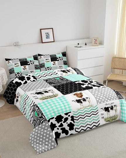 Cute Cow Print Comforter Set King Size Kawaii Highland Cow Bedding Set Bedroom Decor Honeycomb Plaid Pattern Geometric Stripes Down Comforter Cartoon Farm Animals Duvet Set, Green Black Grey - LeafyLoom