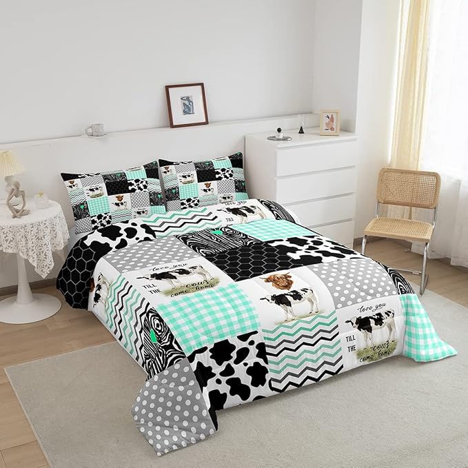 Cute Cow Print Comforter Set Twin Size Kawaii Highland Cow Bedding Set Bedroom Decor Honeycomb Plaid Pattern Geometric Stripes Down Comforter Cartoon Farm Animals Duvet Set, Green Black Grey - LeafyLoom