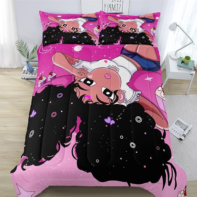 African American Black Girl Comforter Set, Twin Size Bedding Set for girls, Pink Black Girls Bedroom Decor Bed Set, Princess Bedding Set with 1 Comforter and 2 Pillow Cases - LeafyLoom