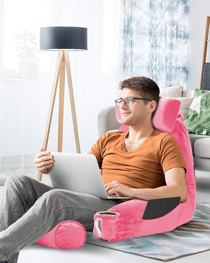 Clara Clark Reading Pillow, Large Back Pillow for Sitting Up in Bed, Memory Foam Back Support Pillow, Reading Pillows for Sitting in Bed Adult, Light Pink Sit Up Pillow for Bed with Arms and Pockets - LeafyLoom