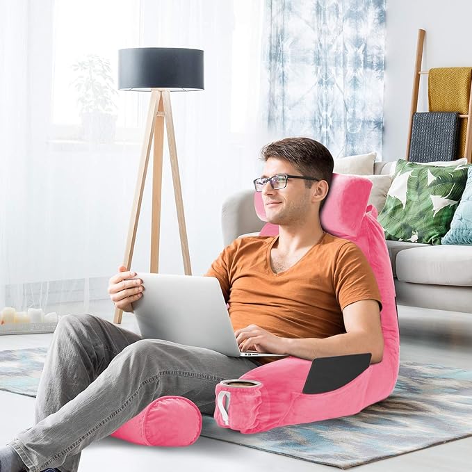 Clara Clark Reading Pillow, Large Back Pillow for Sitting Up in Bed, Memory Foam Back Support Pillow, Reading Pillows for Sitting in Bed Adult, Light Pink Sit Up Pillow for Bed with Arms and Pockets - LeafyLoom