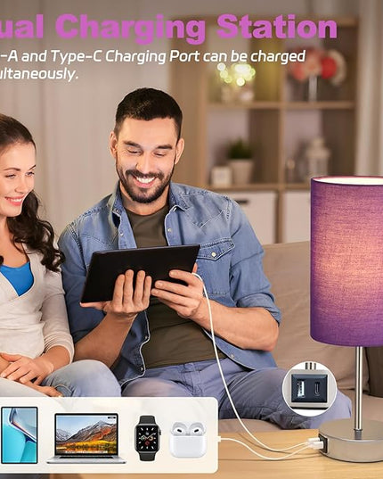 AKASUKI Table Lamp for Bedroom, 3 Way Dimmable Touch Lamp with Dual Charging Station, Small Bedside Lamps for Night Stands, Living Room, Office(LED Bulb Included) - LeafyLoom