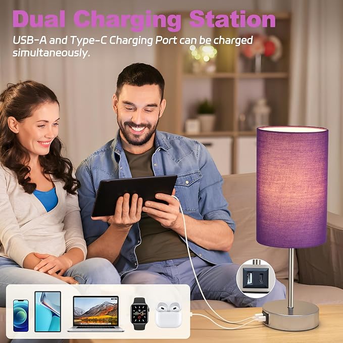 AKASUKI Table Lamp for Bedroom, 3 Way Dimmable Touch Lamp with Dual Charging Station, Small Bedside Lamps for Night Stands, Living Room, Office(LED Bulb Included) - LeafyLoom