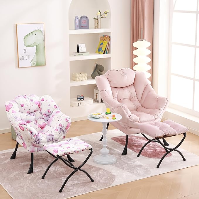 Welnow Toddler Kids Lazy Chair with Ottoman, Glow in The Dark Accent Comfy Lounge Children Armchair Couch with Removable Cover, Detachable Reading Chair with Footrest for Boy or Girl, Pink Elephant - LeafyLoom