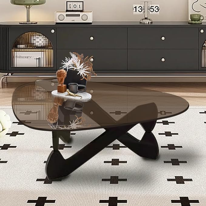 Triangle Coffee Table Glass Coffee Table for Living Room Clear Glass Coffee Table with Solid Wood Base Mid Century Modern Coffee Table for Small Spaces (Black-Brown, 35.8in) - LeafyLoom