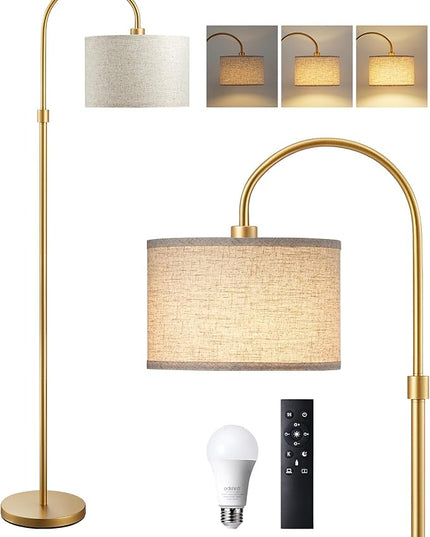 EDISHINE Modern Arc Floor Lamp with Remote, Dimmable Gold Floor Lamp, 3000K-6500K Color Temperatures, Tall Pole Reading Floor Lamps for Living Room Bedroom Office, Footswitch, LED Bulb Included - LeafyLoom