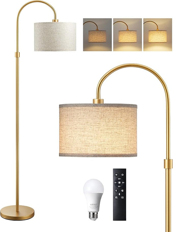 EDISHINE Modern Arc Floor Lamp with Remote, Dimmable Gold Floor Lamp, 3000K-6500K Color Temperatures, Tall Pole Reading Floor Lamps for Living Room Bedroom Office, Footswitch, LED Bulb Included - LeafyLoom