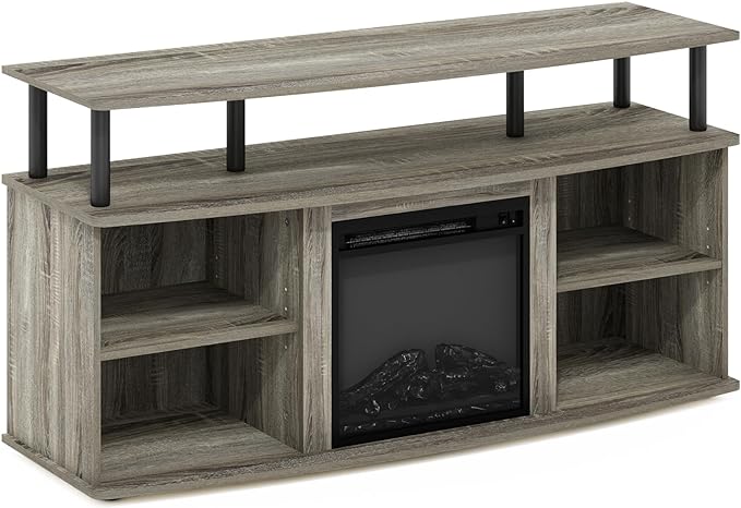 Furinno Jensen Open Shelving Storage Fireplace TV Entertainment Center for TV up to 55 Inch, French Oak Grey/Black - LeafyLoom