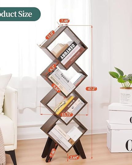 Yoobure Small Bookshelf, Tall 4-Tier Book Shelf, Wood Bookcase Book Organizer, Industrial Bookshelves Floor Standing for CDs/Books in Small Spaces, Bedroom, Living Room, Home Office - LeafyLoom