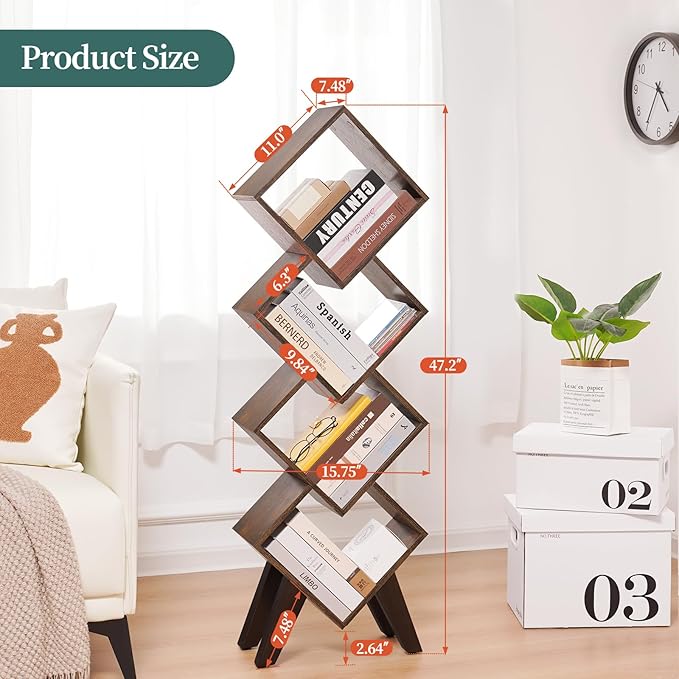 Yoobure Small Bookshelf, Tall 4-Tier Book Shelf, Wood Bookcase Book Organizer, Industrial Bookshelves Floor Standing for CDs/Books in Small Spaces, Bedroom, Living Room, Home Office - LeafyLoom
