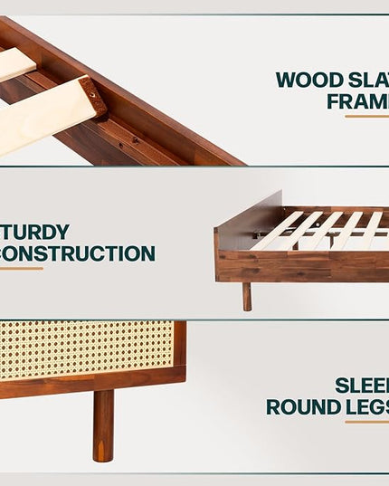 Bme Nancy Signature Bed Frame, King Bed Frame and Headboard Unique Geometric, Mid Century Modern, Solid Acacia Wood, No Box Spring Needed, 12 Strong Wood Slats Support, Easy Assembly, Dark Chocolate - LeafyLoom