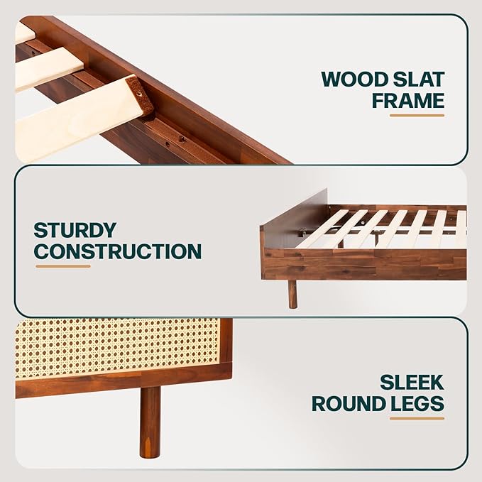 Bme Nancy Signature Bed Frame, King Bed Frame and Headboard Unique Geometric, Mid Century Modern, Solid Acacia Wood, No Box Spring Needed, 12 Strong Wood Slats Support, Easy Assembly, Dark Chocolate - LeafyLoom