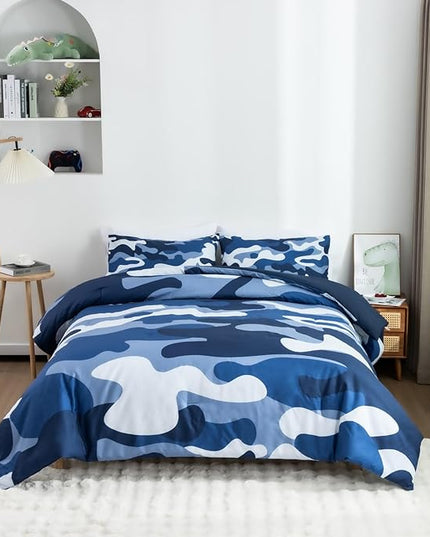 Meeting Story Camouflage Bedding Set, Colorful Pattern Style Comforter Set, 5 PCS One Comforter Two Pillowcases Two Sheets in One Bag, All Season Bedspread for Teens Adults (Navy,Queen 5Pcs) - LeafyLoom