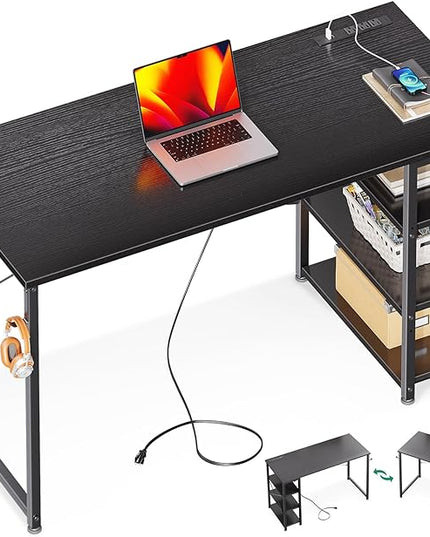 AODK Laptop Desk Office Desk, 48 Inch Computer Desk with Power Outlet and USB & Type-C Charging Port, Writing Desk with 3-Tier Reversible Storage Shelf for Home Office, 48'' x 16'', Black - LeafyLoom