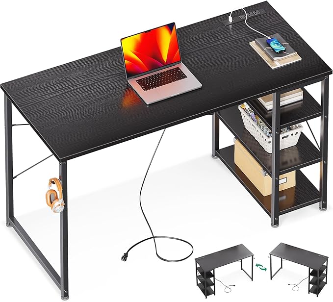 AODK Laptop Desk Office Desk, 48 Inch Computer Desk with Power Outlet and USB & Type-C Charging Port, Writing Desk with 3-Tier Reversible Storage Shelf for Home Office, 48'' x 16'', Black - LeafyLoom