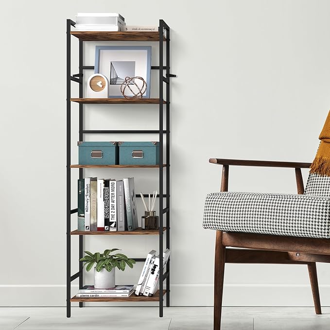 CADUKE 5 Tier Industrial Bookshelf Tall Bookcase with Storage Book Shelf Stand Wood and Metal Book Shelves for Office Brown Bookcase Shelf for Bedroom Kids Room - LeafyLoom