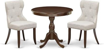 East West Furniture AMSI3-MAH-35 Antique 3 Piece Room Set Contains a Round Kitchen Table with Pedestal and 2 Doeskin Linen Fabric Parson Dining Chairs, 36x36 Inch - LeafyLoom