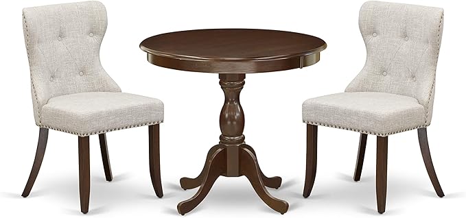 East West Furniture AMSI3-MAH-35 Antique 3 Piece Room Set Contains a Round Kitchen Table with Pedestal and 2 Doeskin Linen Fabric Parson Dining Chairs, 36x36 Inch - LeafyLoom