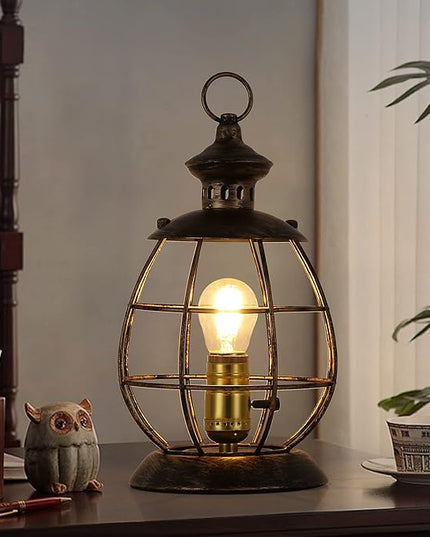 Industrial Metal Lantern Table Lamp - 12.2''H Gold Cage Lampshade Searchlight Standing Lighting Fixtures - Nautical Spotlight Reading Desk Light Decoration for Living Room Bedroom Farmhouse - LeafyLoom